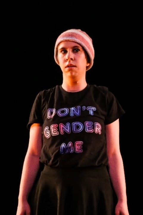 image is a white nonbinary person wearing a trans pride hat and a black shirt which reads “Don’t Gender Me” in pink and blue. They are facing forward, but their eyes are glancing to the right